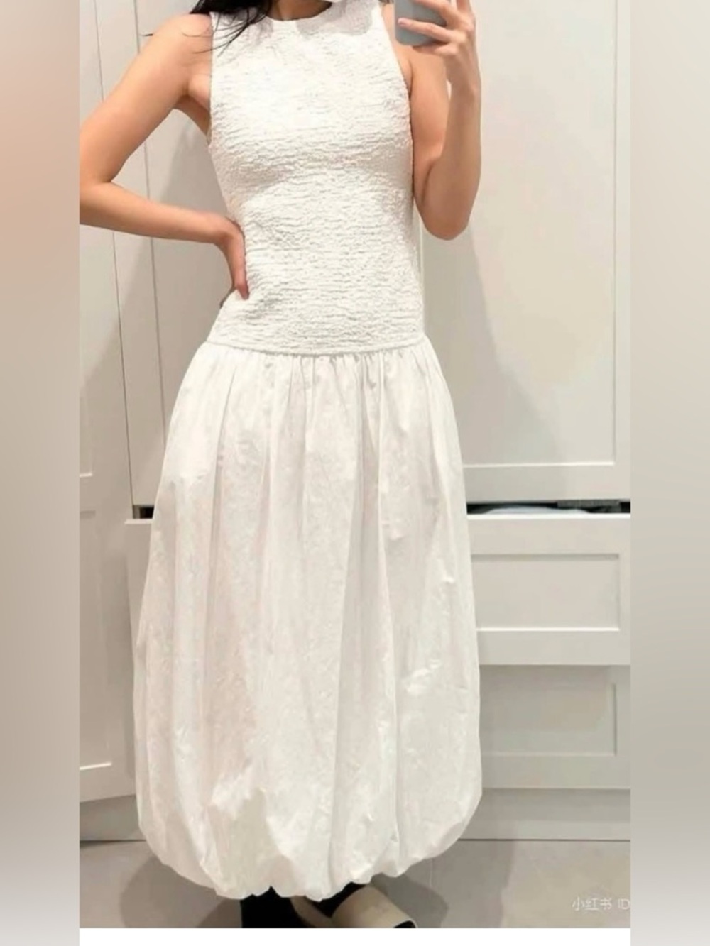 Zara White Balloon Poplin Midi Dress Sleeveless Round Neck Size Small - Picture 4 of 16